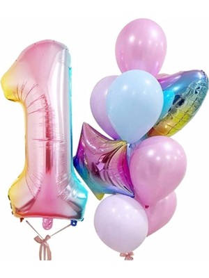 İstoç Parti Gökkuşağı Balon Renkli Yaş Balon Rakam Konsept Yaş 1