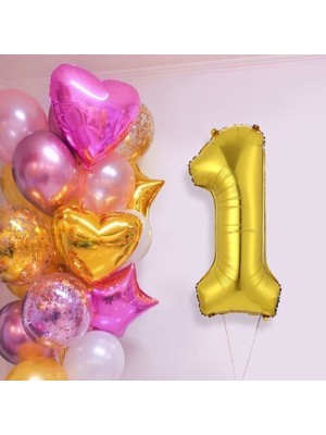 İstoç Parti Pembe Gold Kalp Yıldız Rakam Konsept Balon Seti 1 Yaş