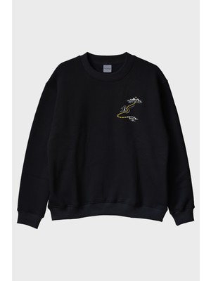 Lofux Rota Dışı Siyah Bisiklet Yaka Sweatshirt