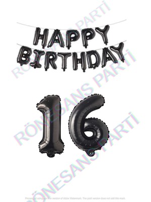 İstoç Parti Happy Bırthday Siyah Renk Folyo Balon ve Rakam Seti Yaş 16