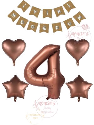 İstoç Parti Istoç Parti Iyiki Doğdun Yazılı Kahverengi Renk Rakam Kalp ve Yıldız Folyo Balon Seti Yaş 4