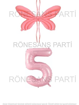 İstoç Parti Pembe Renk Melek Kanadı Folyo Balon ve Rakam Folyo Balon Seti Yaş 5