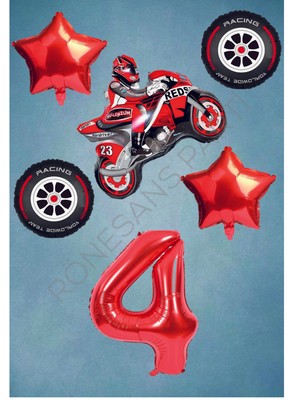 İstoç Parti Motorsiklet-Yarış Lastiği ve Kırmızı Rakam Yıldız Folyo Balon Seti Yaş-4