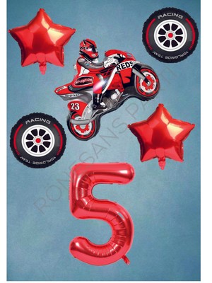 İstoç Parti Motorsiklet-Yarış Lastiği ve Kırmızı Rakam Yıldız Folyo Balon Seti Yaş-5