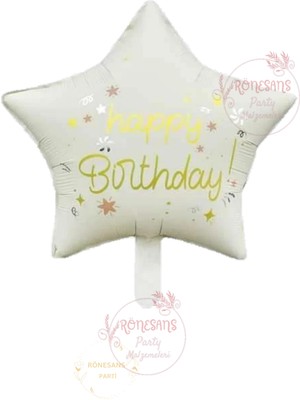 İstoç Parti Istoç Parti Krem Renk Happy Bırthday Yazılı Yıldız Folyo Balon