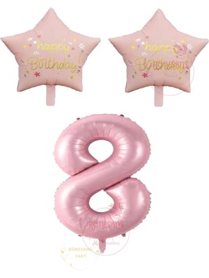 İstoç Parti Istoç Parti Pembe Renk Rakam ve Happy Bırthday Yazılı Yıldız Folyo Balon Seti Yaş 8