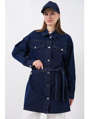 Hiccup Kadın Bdart Kemerli Uzun Kot Ceket Lacivert