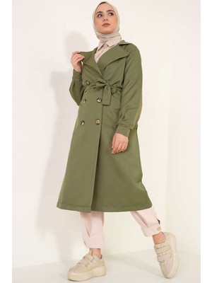 Hiccup Kadın Bdart Düğme Kapamalı Uzun Trençkot Haki Yeşil