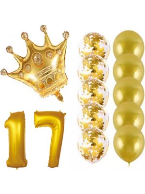İstoç Parti 17 Yaş Kral Taçlı Gold Konfetili Şeffaf Balon Seti