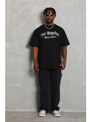 Unisex Oversize Baskılı Bisiklet Yaka T-Shirt - Siyah