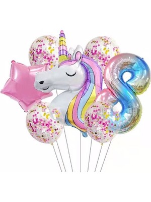 İstoç Parti Unicorn Balon Folyo Set Konsept Doğum Günü Set Yaş 8
