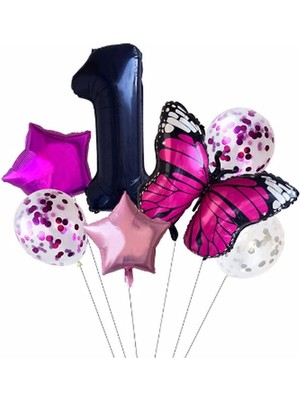 İstoç Parti Pembe Kelebek Balon Set Yıldız Balon Folyo Set Doğum Günü Set Yaş 1
