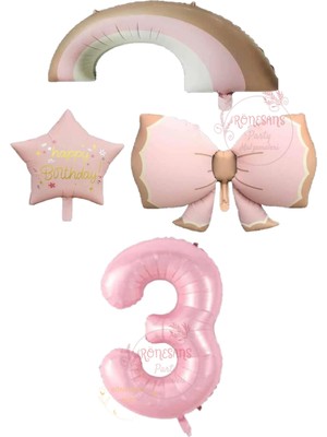 İstoç Parti Istoç Parti Pembe Renk Fiyonk Gökkuşağı Yıldız ve Rakam Folyo Balon Seti Yaş 3