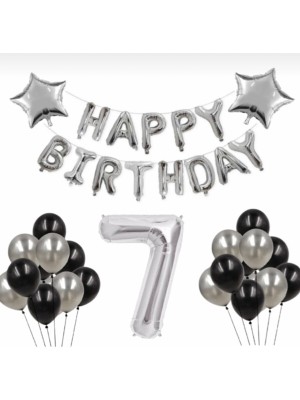 İstoç Parti Gümüş 7 Yaş Happy Bırthday Folyo Balonlu Yıldızlı Set