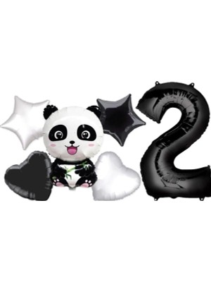 İstoç Parti Panda Temalı Yıldız Kalp Folyo Balon Duğum Günü Parti Seti Yaş 2