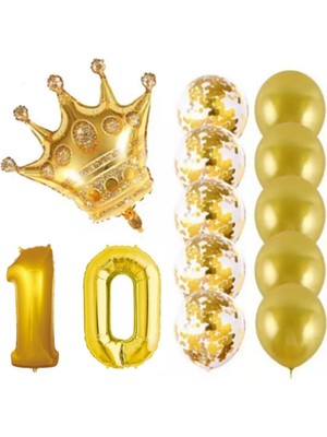 İstoç Parti 10 Yaş Kral Taçlı Gold Konfetili Şeffaf Balon Seti