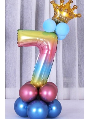 İstoç Parti Gökkuşağı Renkleri Rakam Balon Altın Taçlı 7 Rakamlı Balon Seti