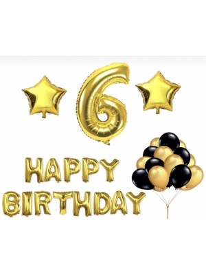 İstoç Parti Gold 6 Yaş Happy Bırthday Folyo Balonlu Yıldızlı Set
