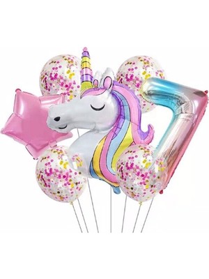 İstoç Parti Unicorn Balon Folyo Set Konsept Doğum Günü Set Yaş 7
