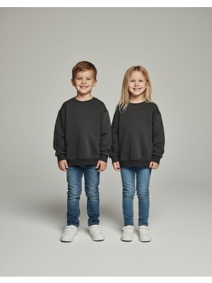 Kyex Kids Unisex Çocuk Antrasit Bisiklet Yaka Basic Sweatshirt - %100 Pamuklu Yumuşak Dokuma