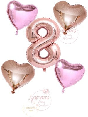 İstoç Parti Istoç Parti Rose Gold Rakam Kalp ve Pembe Kalp Folyo Balon Seti Yaş 8