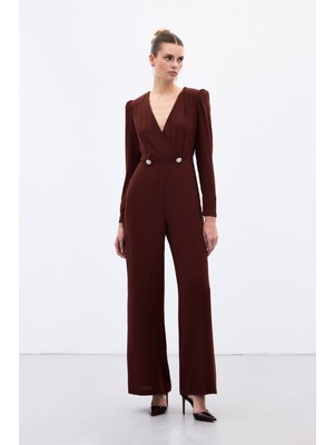 Sateen Kruvaze Süs Taşlı Krep Tulum - Bordo