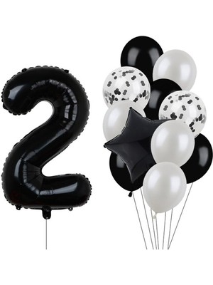İstoç Parti Siyah Rakam Folyo ve Latex Balon Seti Yaş 2