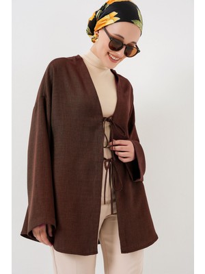 Hiccup Kadınlar BDART Keten Karışımlı Uzun Kollu Önü Bağcıklı Kimono Mocha Kahvesi