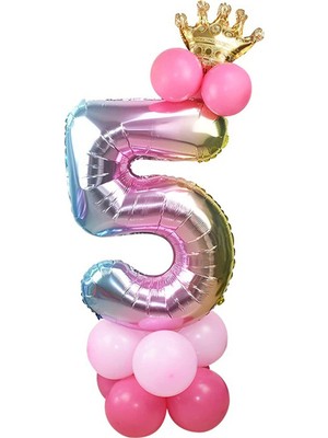 İstoç Parti 5 Yaş Gökkuşağı Renkleri Rakam Balon Altın Taçlı 5 Rakamlı Balon