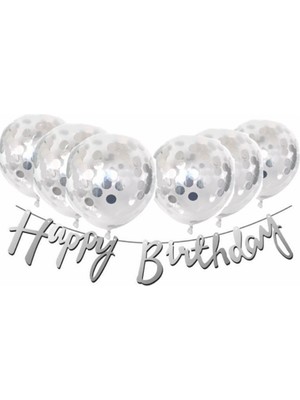 İstoç Parti Gümüş Konfetili Şeffaf Balon Gümüş Happy Bırthday Kaligrafi Banner Yazı