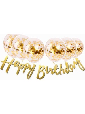 İstoç Parti Gold Konfetili Şeffaf Balon Gümüş Happy Bırthday Kaligrafi Banner Yazı