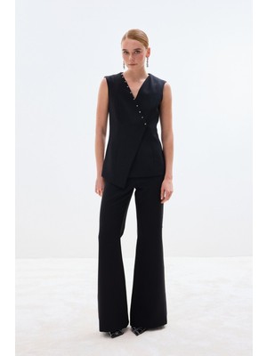 Sateen Yanları Inci Aksesuarlı Pantolon - Siyah