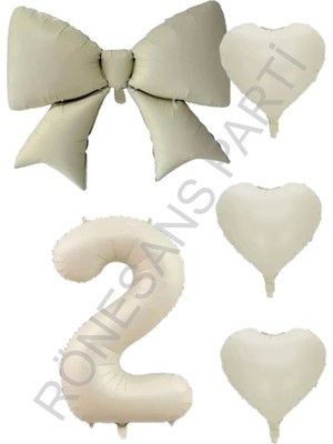 İstoç Parti Krem Renk Kalp Fiyonk Rakam Folyo Balon Seti Yaş 2
