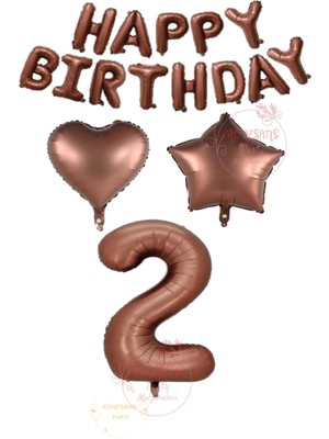 İstoç Parti Istoç Parti Kahverengi Renk Happy Bırthday Rakam Kalp Yıldız Folyo Balon Seti Yaş 2