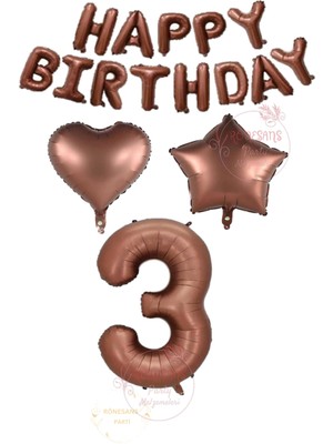 İstoç Parti Istoç Parti Kahverengi Renk Happy Bırthday Rakam Kalp Yıldız Folyo Balon Seti Yaş 3
