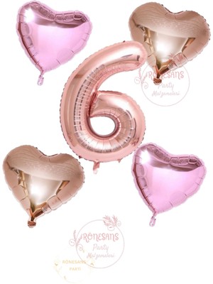 İstoç Parti Istoç Parti Rose Gold Rakam Kalp ve Pembe Kalp Folyo Balon Seti Yaş 6