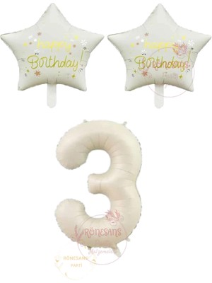 İstoç Parti Istoç Parti Bej Rakam ve Happy Bırthday Yazılı Yıldız Folyo Balon Seti Yaş 3