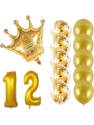 İstoç Parti 12 Yaş Kral Taçlı Gold Konfetili Şeffaf Balon Seti