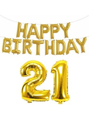 İstoç Parti Altın Renk Happy Birthday Yazılı 21 Yaş Folyo Balon Parti ve Kutlama Seti