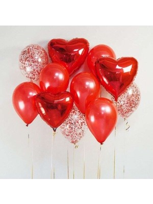 İstoç Parti Sevgililer Günü Kırmızı Konfetili Folyo Kalpli Balon Demeti