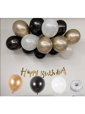 İstoç Parti Gold Happy Bırthday Kaligrafi Banner Krom Gold Pastel Siyah Beyaz Balon