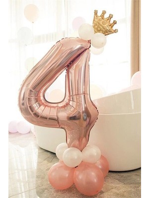 İstoç Parti 4 Yaş Rose Gold Rakam Balon Altın Kral Taçlı Balon Seti
