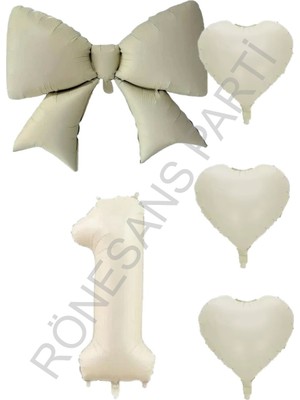 İstoç Parti Krem Renk Kalp Fiyonk Rakam Folyo Balon Seti Yaş 1