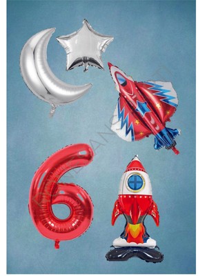 İstoç Parti Uzay Temalı Astronot Uçak Rakam Ay Yıldız Folyo Balon Seti Yaş 6