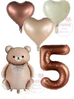 İstoç Parti Istoç Parti Kahverengi Renk Rakam Ayıcıklı ve Kalpli Folyo Balon Seti Yaş 5