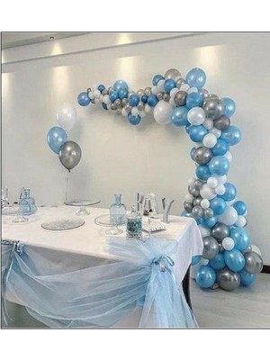 İstoç Parti 50 Adet 12 Inç Metalik Parti Balonu Metalik Mavi Metalik Beyaz Metalik Gümüş + 5 mt Balon Zinciri