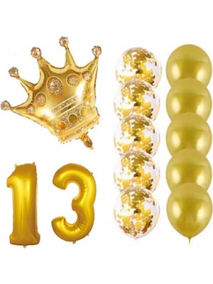 İstoç Parti 13 Yaş Kral Taçlı Gold Konfetili Şeffaf Balon Seti