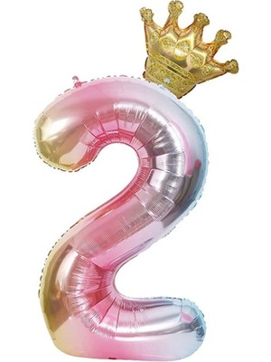 İstoç Parti 2 Yaş Gökkuşağı Rakam ve Kral Tacı Folyo Balon Doğum Günü Parti Kutlama Seti