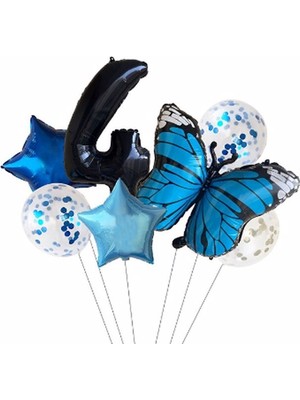 İstoç Parti Mavi Kelebek Balon Set Yıldız Balon Folyo Set Doğum Günü Set Yaş 4