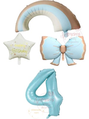 İstoç Parti Istoç Parti Mavi Renk Fiyonk Gökkuşağı Yıldız ve Rakam Folyo Balon Seti Yaş 4